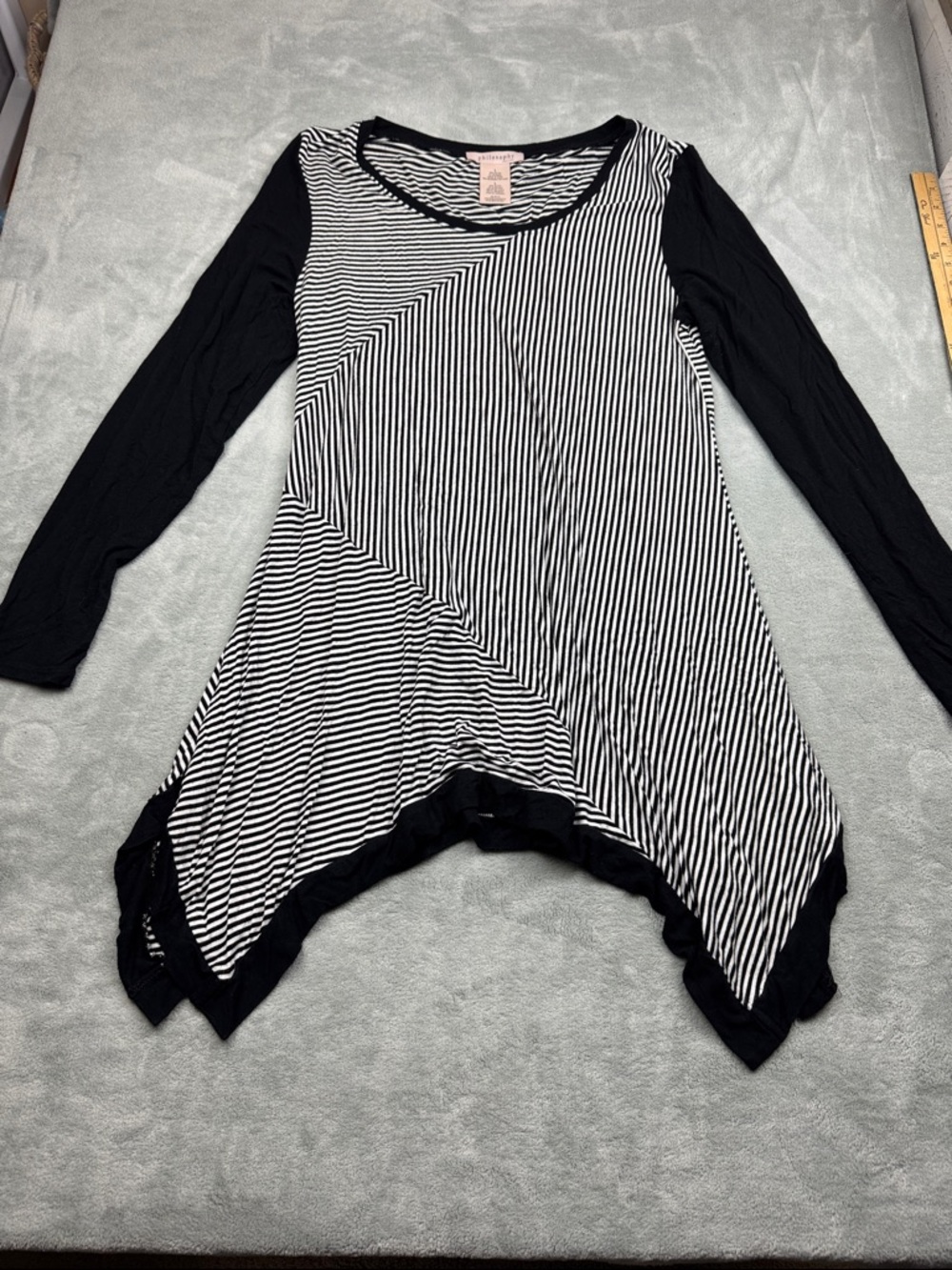 Philosophy Black and White Striped Handkerchief-Hem Long Sleeve Tunic Top